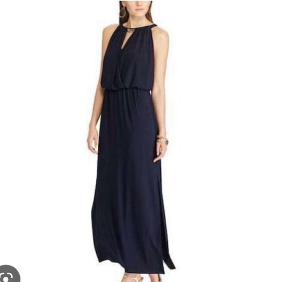 Chaps Keyhole Blue Maxi Dress Gown with Gold Chain Detail size S - Picture 1 of 4